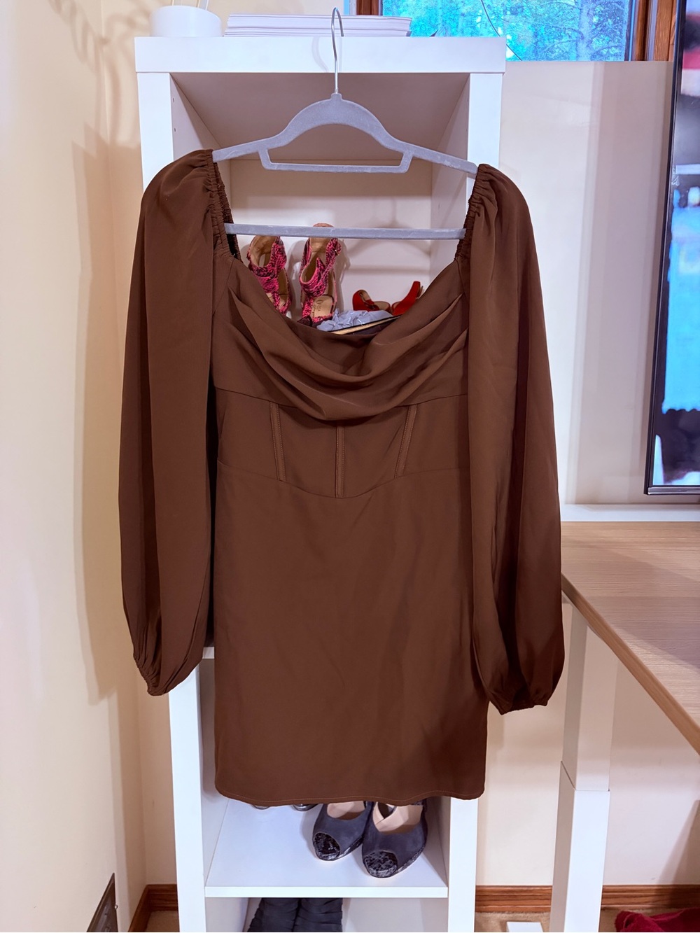 Princess Polly Chocolate Brown Off-Shoulder Long Sleeve Mini Dress